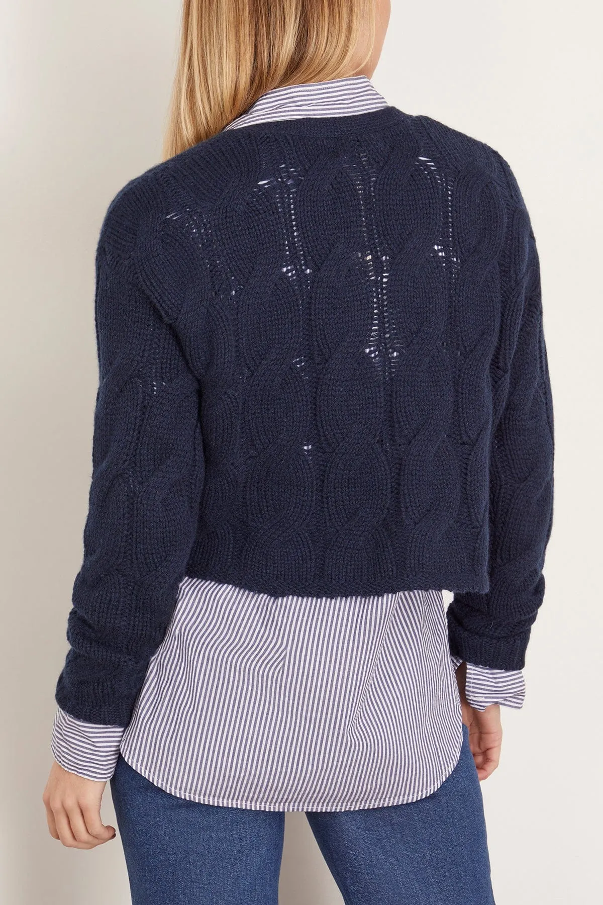 Jolie V-neck Cropped Cable Cardigan in Midnight Navy